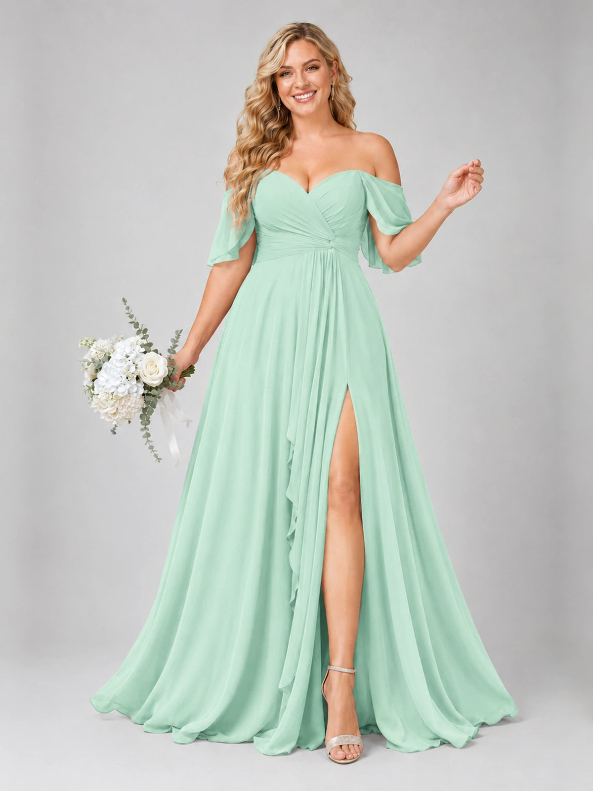 Off Shoulder Chiffon Bridesmaid Dress with Slit