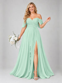Off Shoulder Chiffon Bridesmaid Dress with Slit