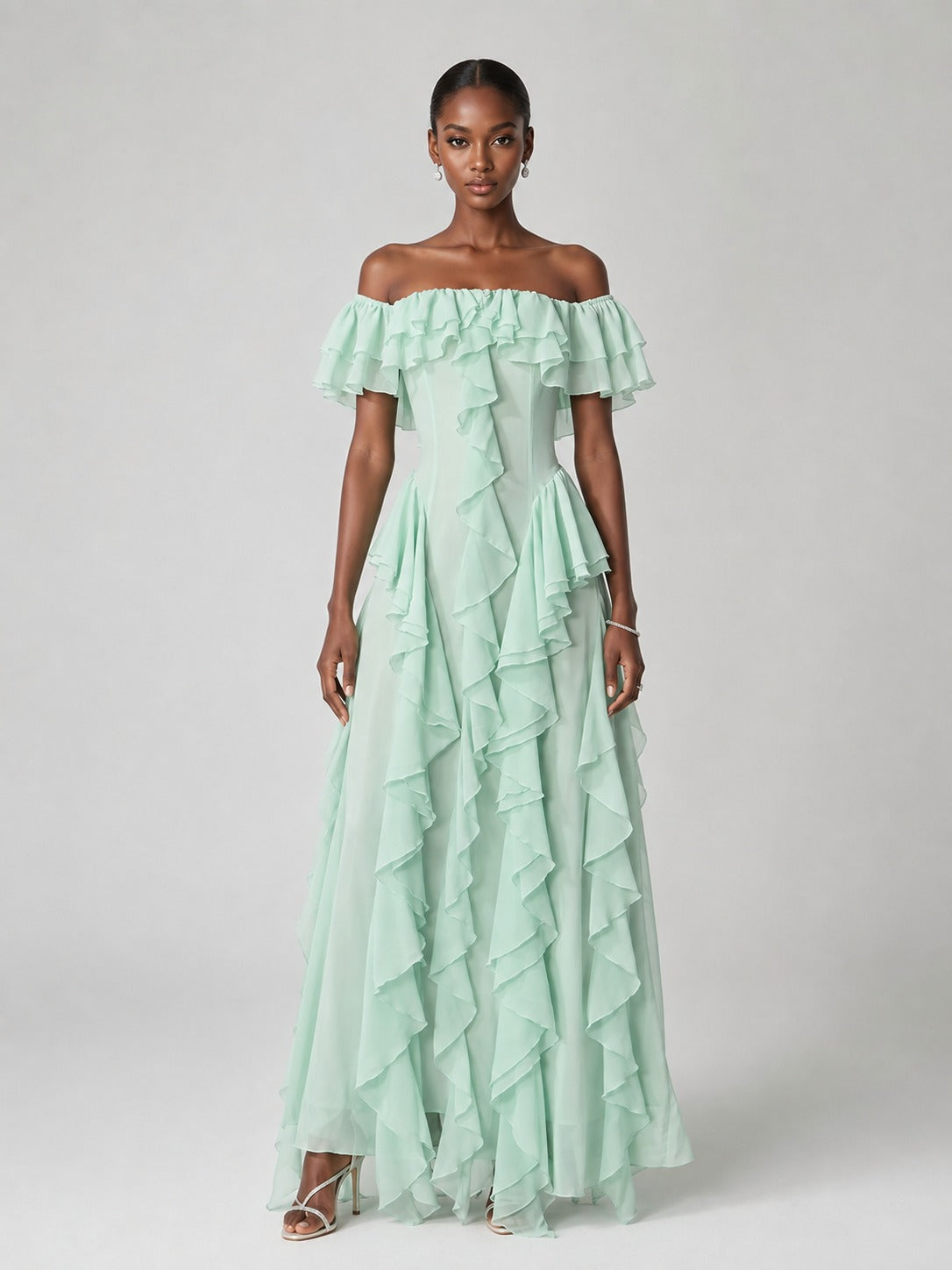 Mint green chiffon maxi dress with off-shoulder ruffle neckline