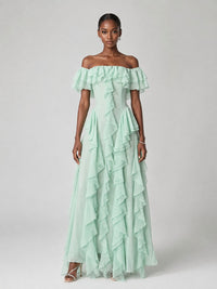 Mint green chiffon maxi dress with off-shoulder ruffle neckline