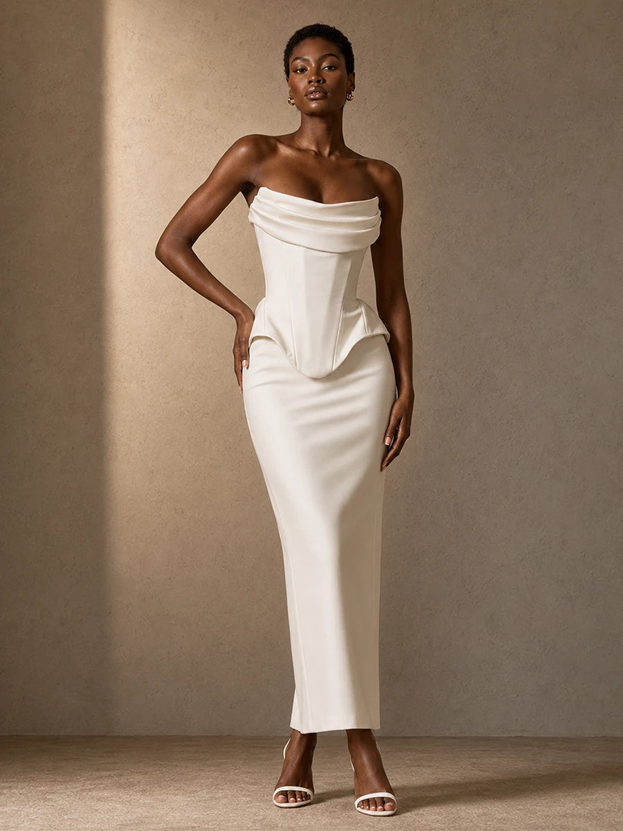 Jovellee Mira white satin strapless corset wedding dress, full-length front view