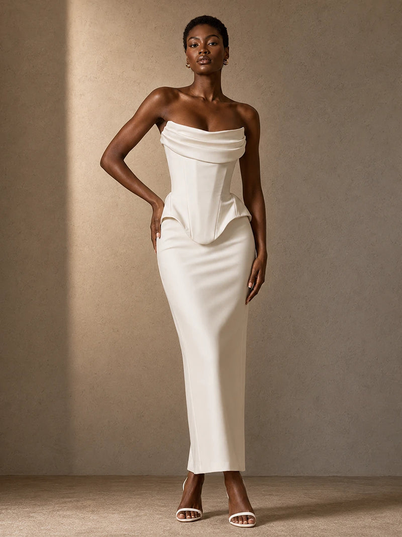 Jovellee Mira white satin strapless corset wedding dress, full-length front view