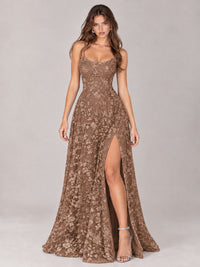 Floral Lace A-Line Prom Dress with Spaghetti Straps & High Slit
