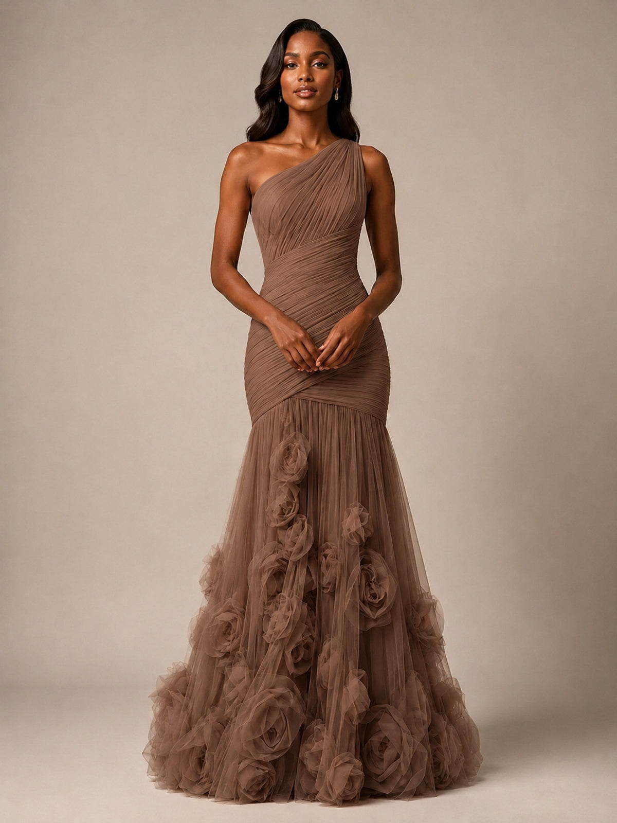 Blush Pink One Shoulder 3D Floral Mermaid Prom Dress
