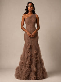 Blush Pink One Shoulder 3D Floral Mermaid Prom Dress