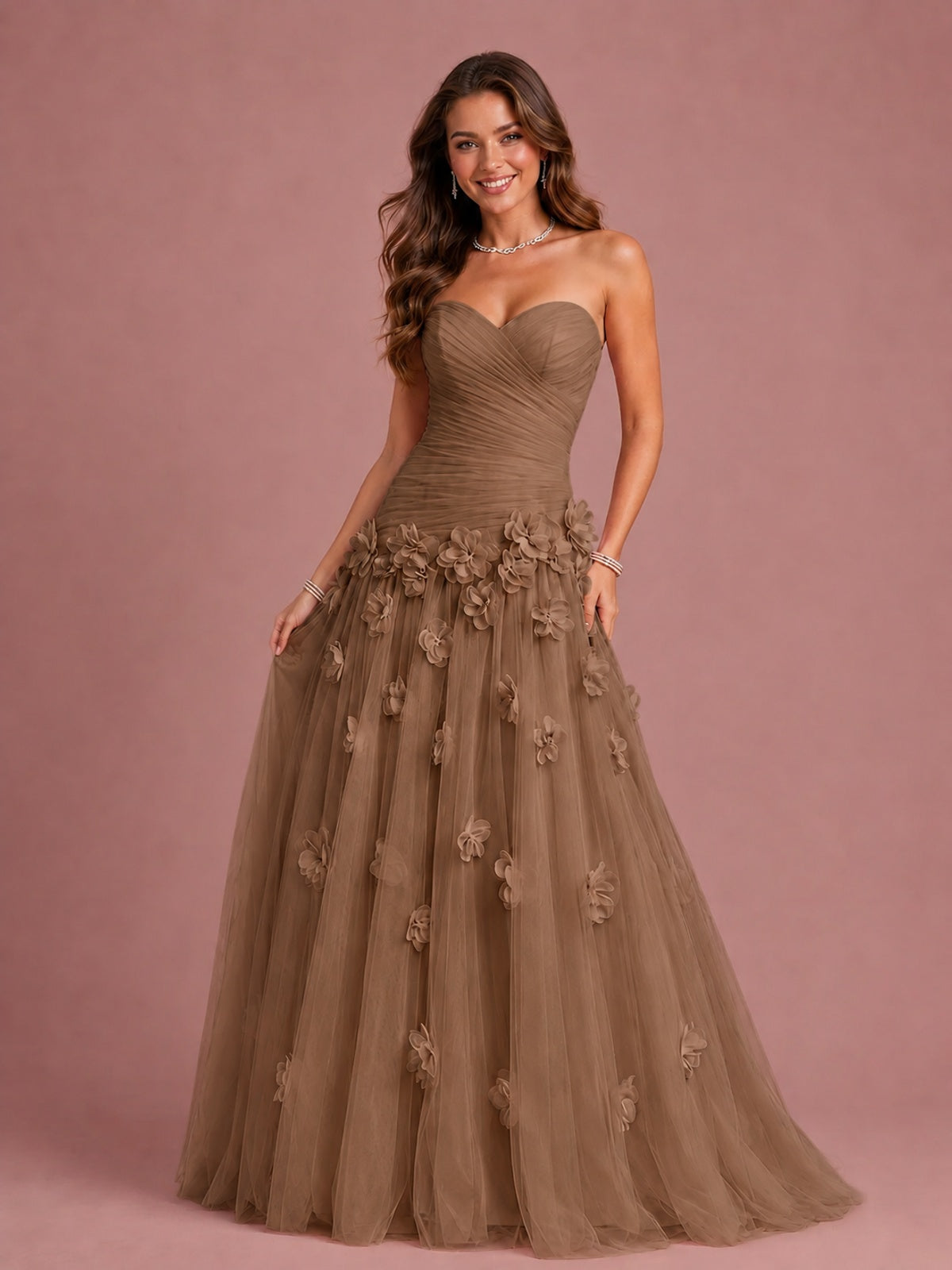 Blush Pink Strapless Sweetheart 3D Floral Tulle Ball Gown Prom Dres