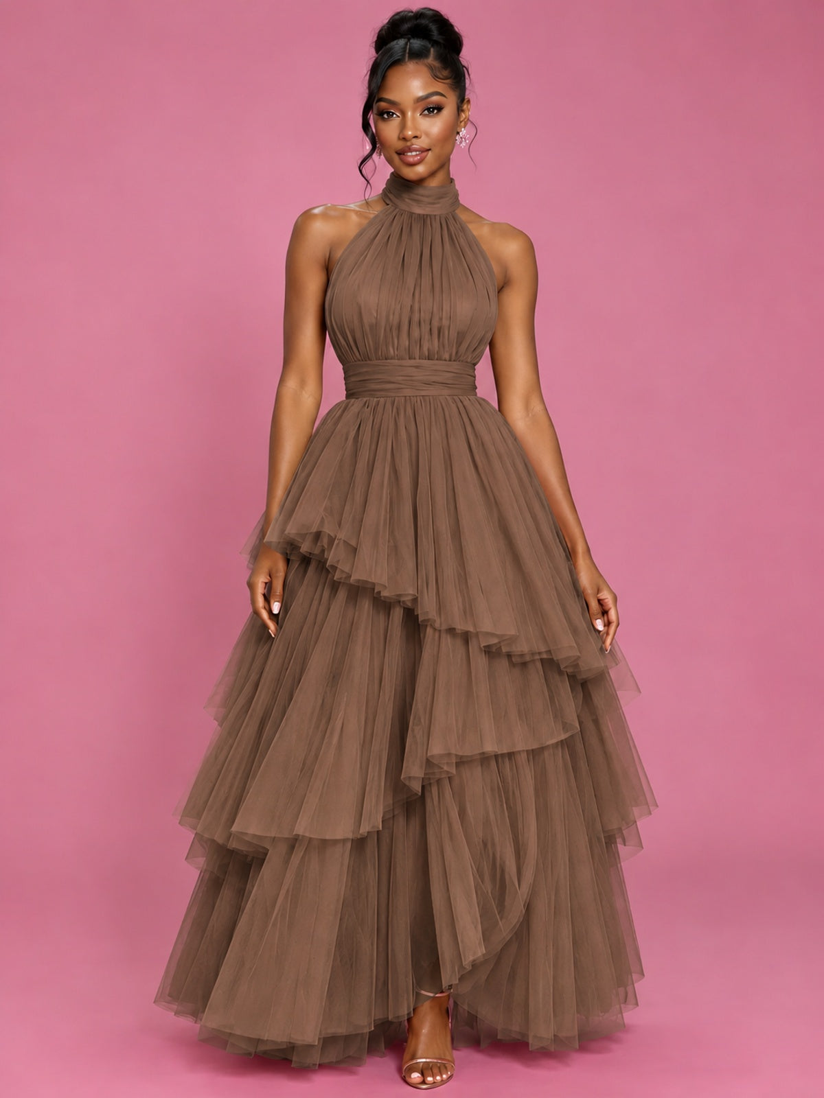 Hot Pink Tulle Halter Neck Tiered Ruffle Maxi Dress