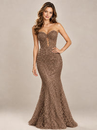 Strapless Corset Mermaid Prom Dress with Floral Lace Appliqué