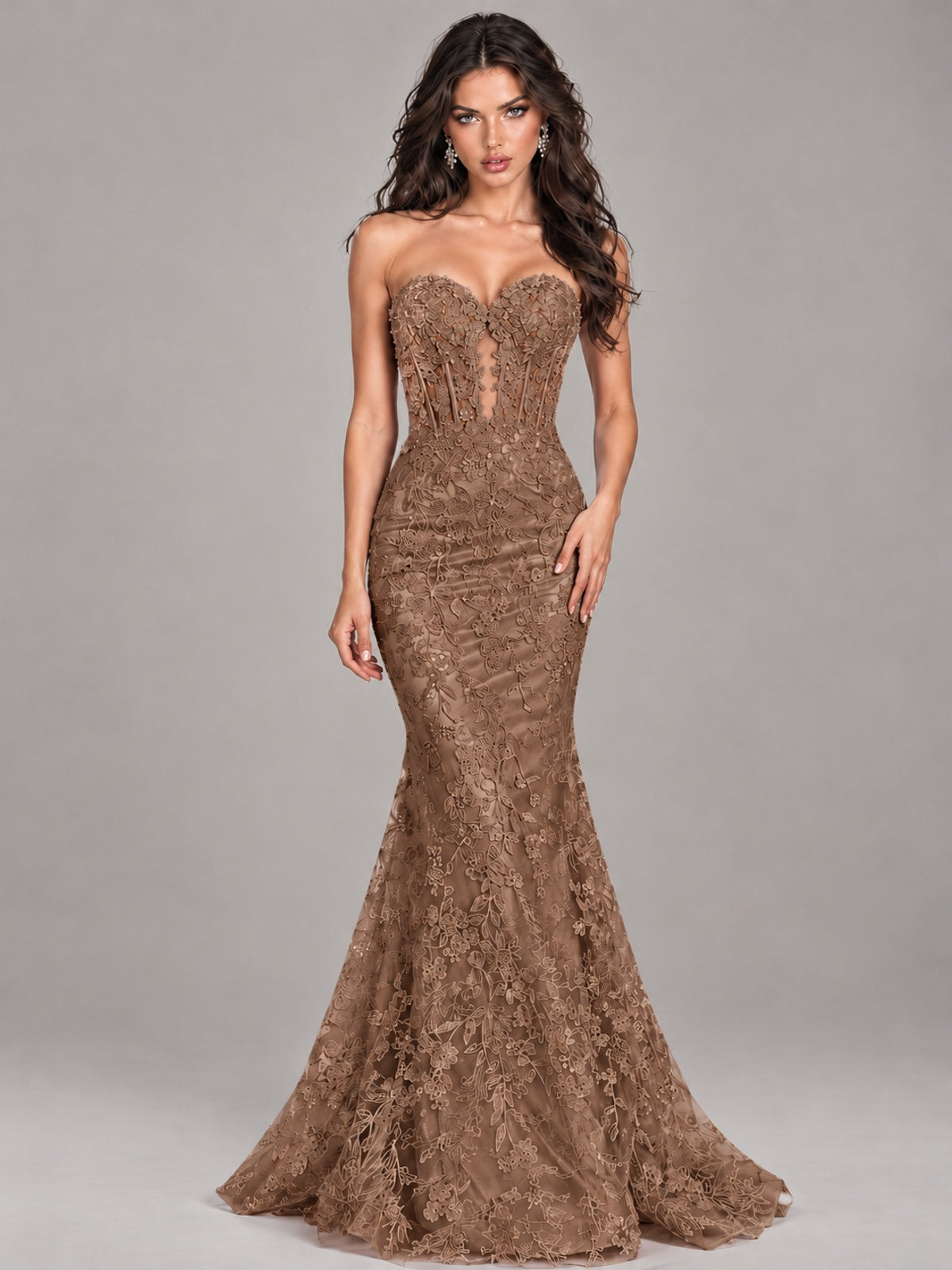 Strapless Corset Mermaid Prom Dress Lace Appliqué Formal Gown