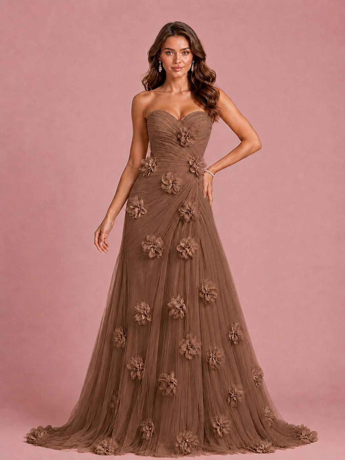 3D Floral Applique Strapless Tulle Prom Dress with High Slit