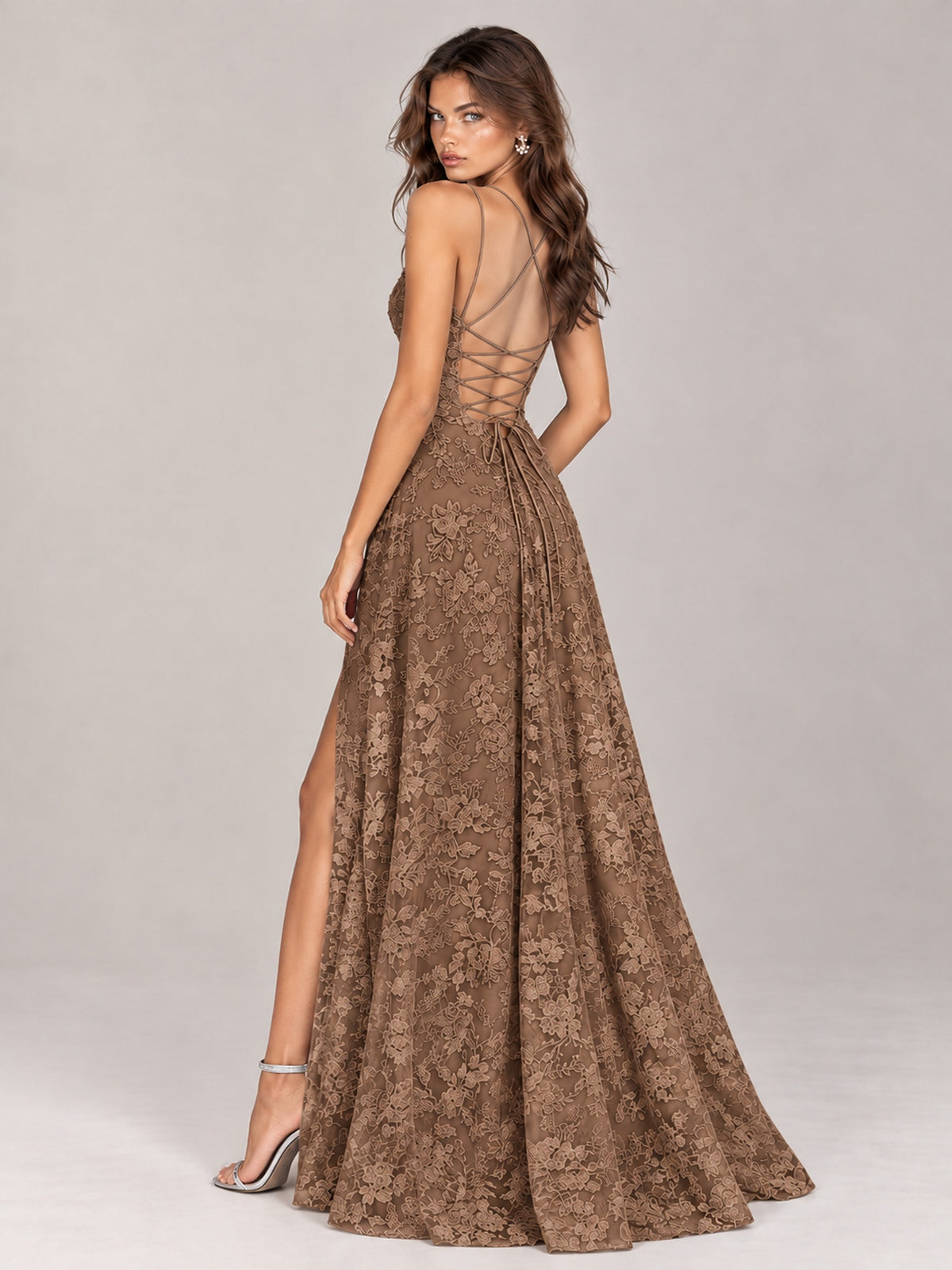 Floral Lace A-Line Prom Dress with Spaghetti Straps & High Slit