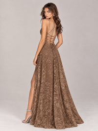 Floral Lace A-Line Prom Dress with Spaghetti Straps & High Slit