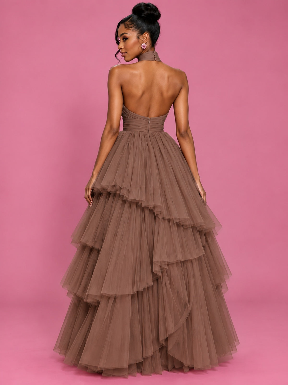 Hot Pink Tulle Halter Neck Tiered Ruffle Maxi Dress