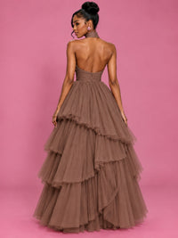 Hot Pink Tulle Halter Neck Tiered Ruffle Maxi Dress