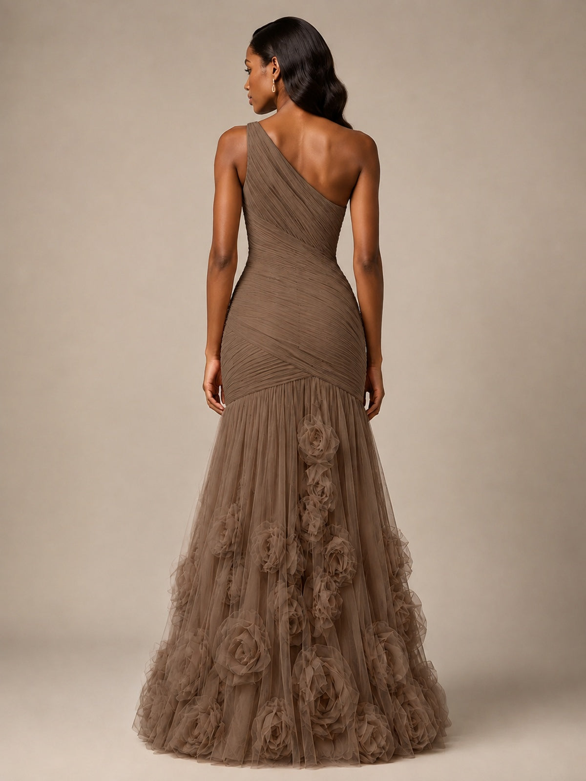 Blush Pink One Shoulder 3D Floral Mermaid Prom Dress