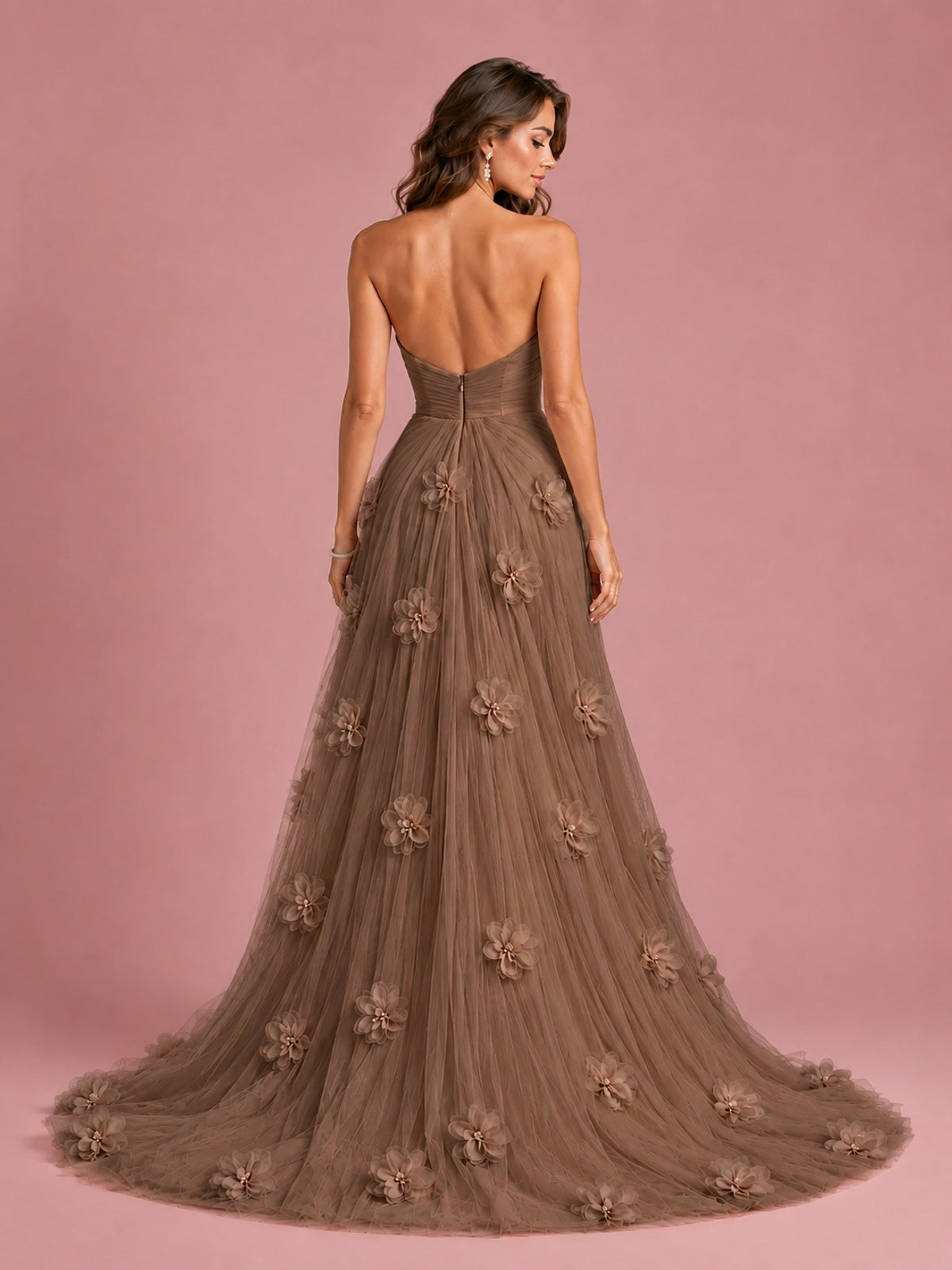 3D Floral Applique Strapless Tulle Prom Dress with High Slit