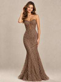 Strapless Corset Mermaid Prom Dress with Floral Lace Appliqué