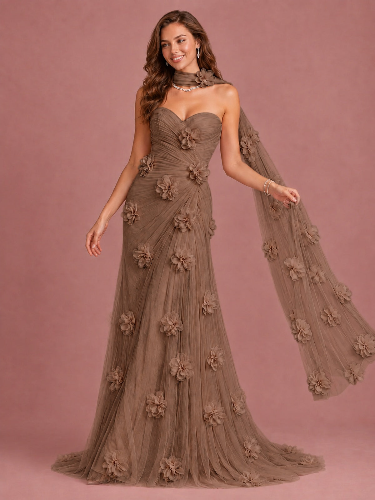 Blush Pink Strapless Sweetheart 3D Floral Tulle Mermaid Prom Dress