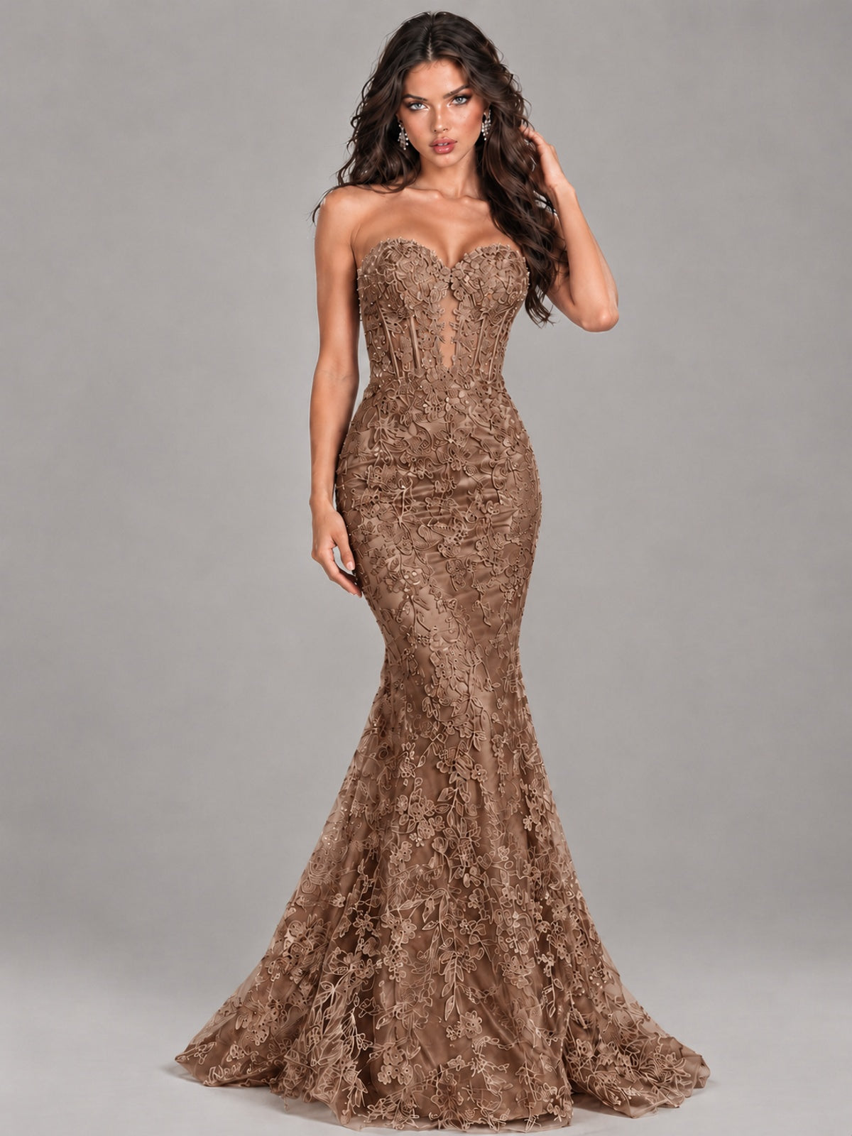 Strapless Corset Mermaid Prom Dress Lace Appliqué Formal Gown