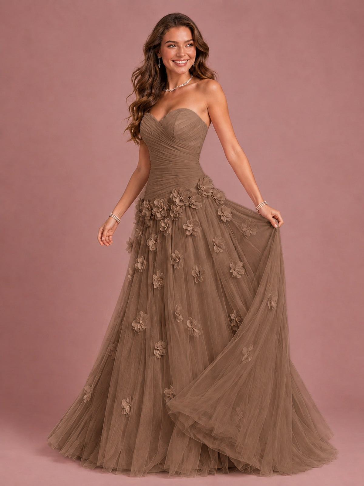 Blush Pink Strapless Sweetheart 3D Floral Tulle Ball Gown Prom Dres