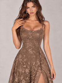Floral Lace A-Line Prom Dress with Spaghetti Straps & High Slit
