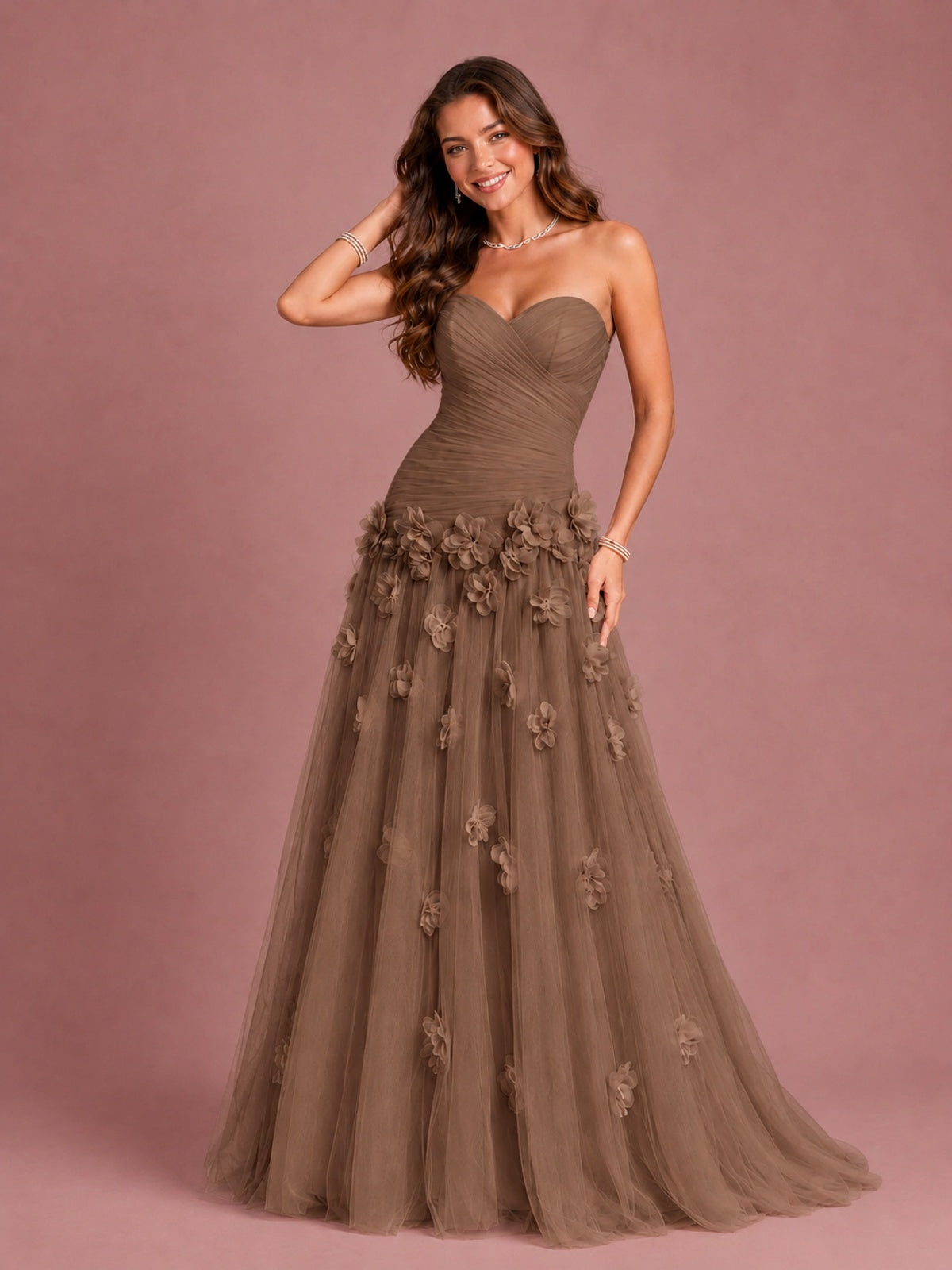 Blush Pink Strapless Sweetheart 3D Floral Tulle Ball Gown Prom Dres