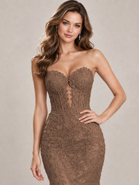 Strapless Corset Mermaid Prom Dress with Floral Lace Appliqué