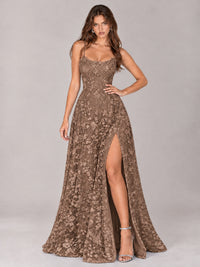 Floral Lace A-Line Prom Dress with Spaghetti Straps & High Slit