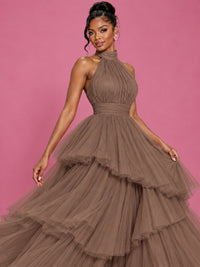 Hot Pink Tulle Halter Neck Tiered Ruffle Maxi Dress