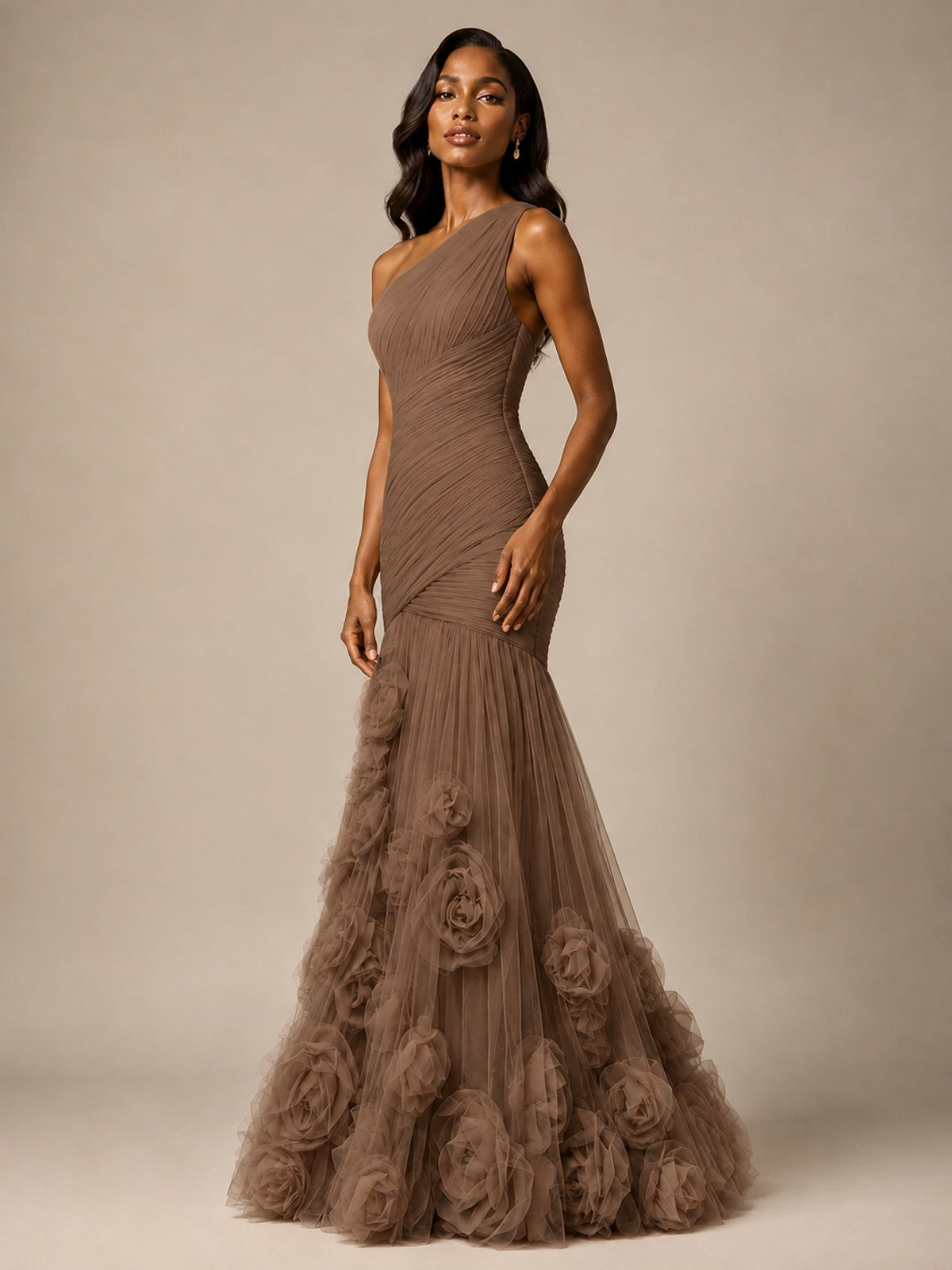 Blush Pink One Shoulder 3D Floral Mermaid Prom Dress