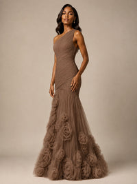 Blush Pink One Shoulder 3D Floral Mermaid Prom Dress