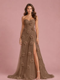 3D Floral Applique Strapless Tulle Prom Dress with High Slit