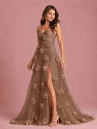 3D Floral Applique Strapless Tulle Prom Dress with High Slit