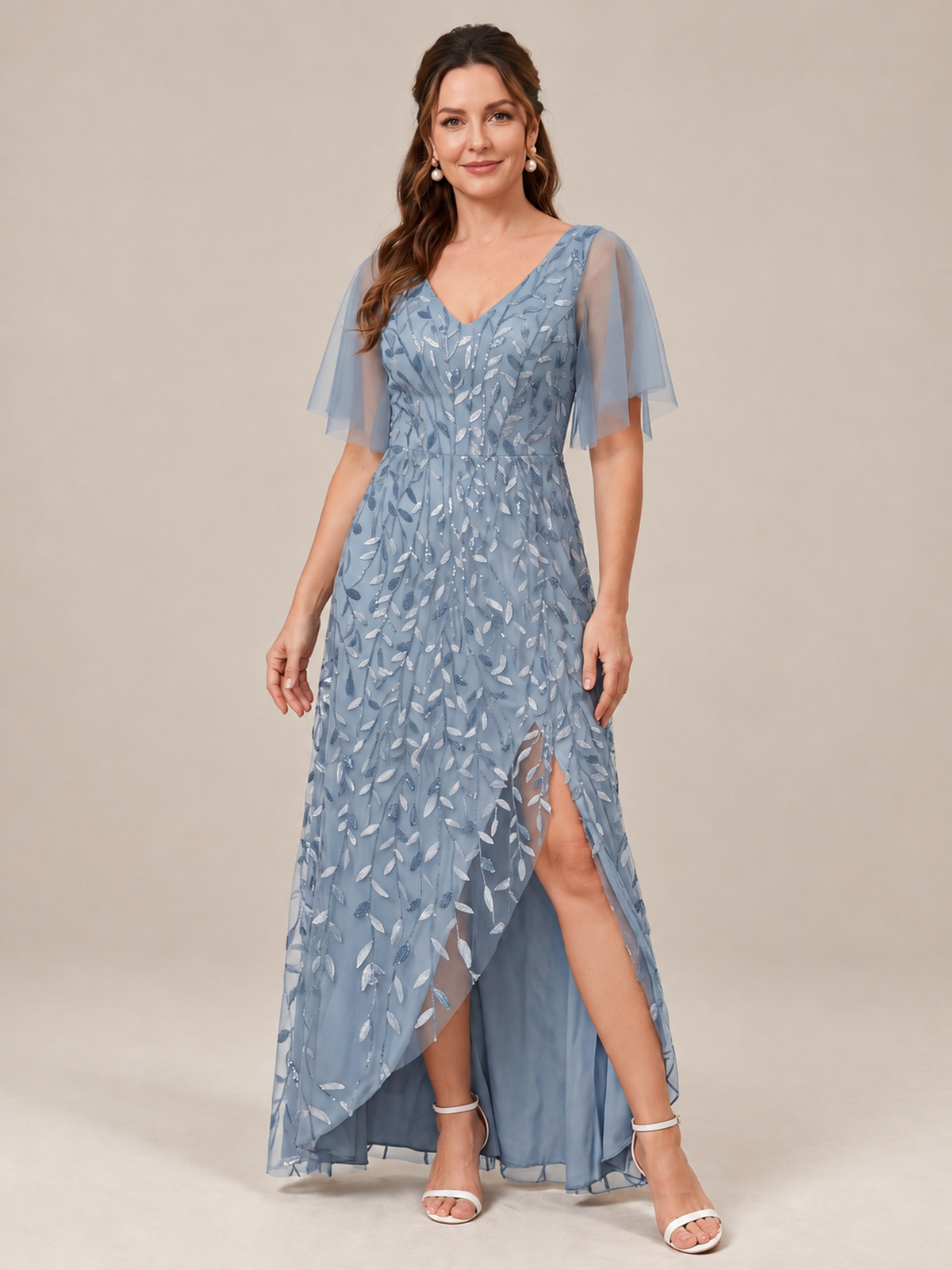 Dusty Blue V-Neck Sequin Mother of the Bride Dress with Flutter Sleeves