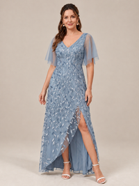 Dusty Blue V-Neck Sequin Mother of the Bride Dress with Flutter Sleeves