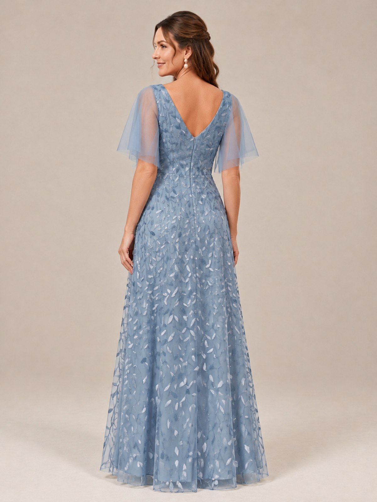 V-Neck Sequin Mother of the Bride Dress with Flutter Sleeves