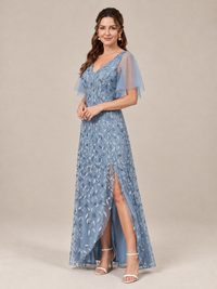 V-Neck Sequin Mother of the Bride Dress with Flutter Sleeves