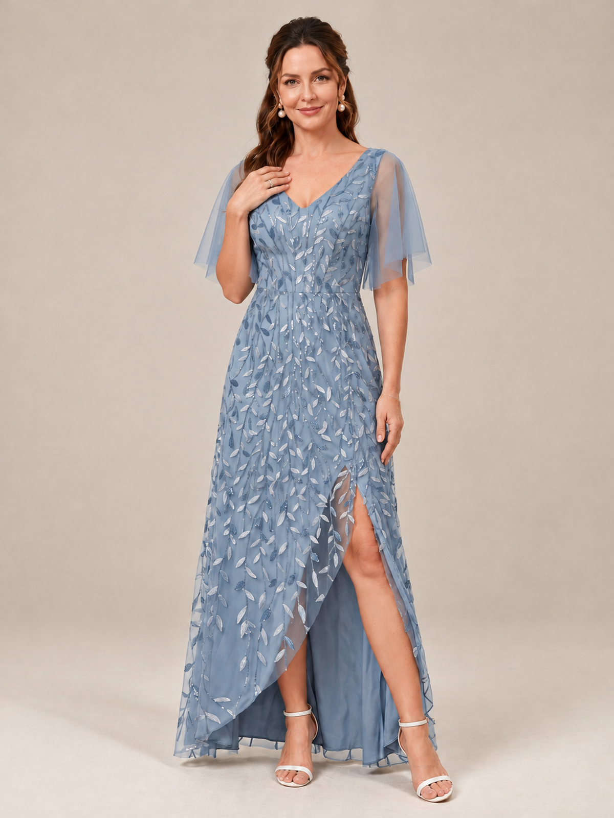 V-Neck Sequin Mother of the Bride Dress with Flutter Sleeves