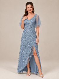 V-Neck Sequin Mother of the Bride Dress with Flutter Sleeves