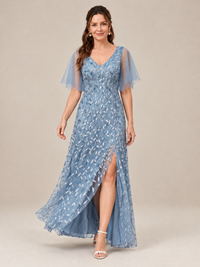V-Neck Sequin Mother of the Bride Dress with Flutter Sleeves