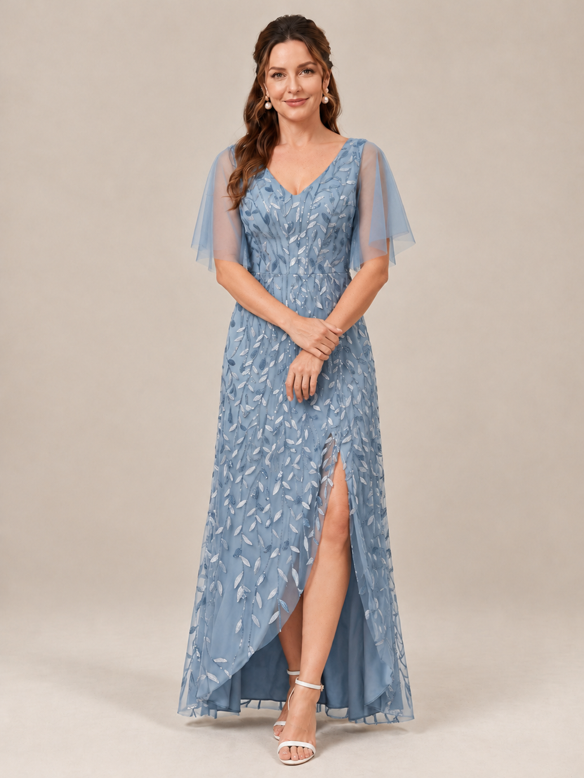 Dusty Blue V-Neck Sequin Mother of the Bride Dress with Flutter Sleeves