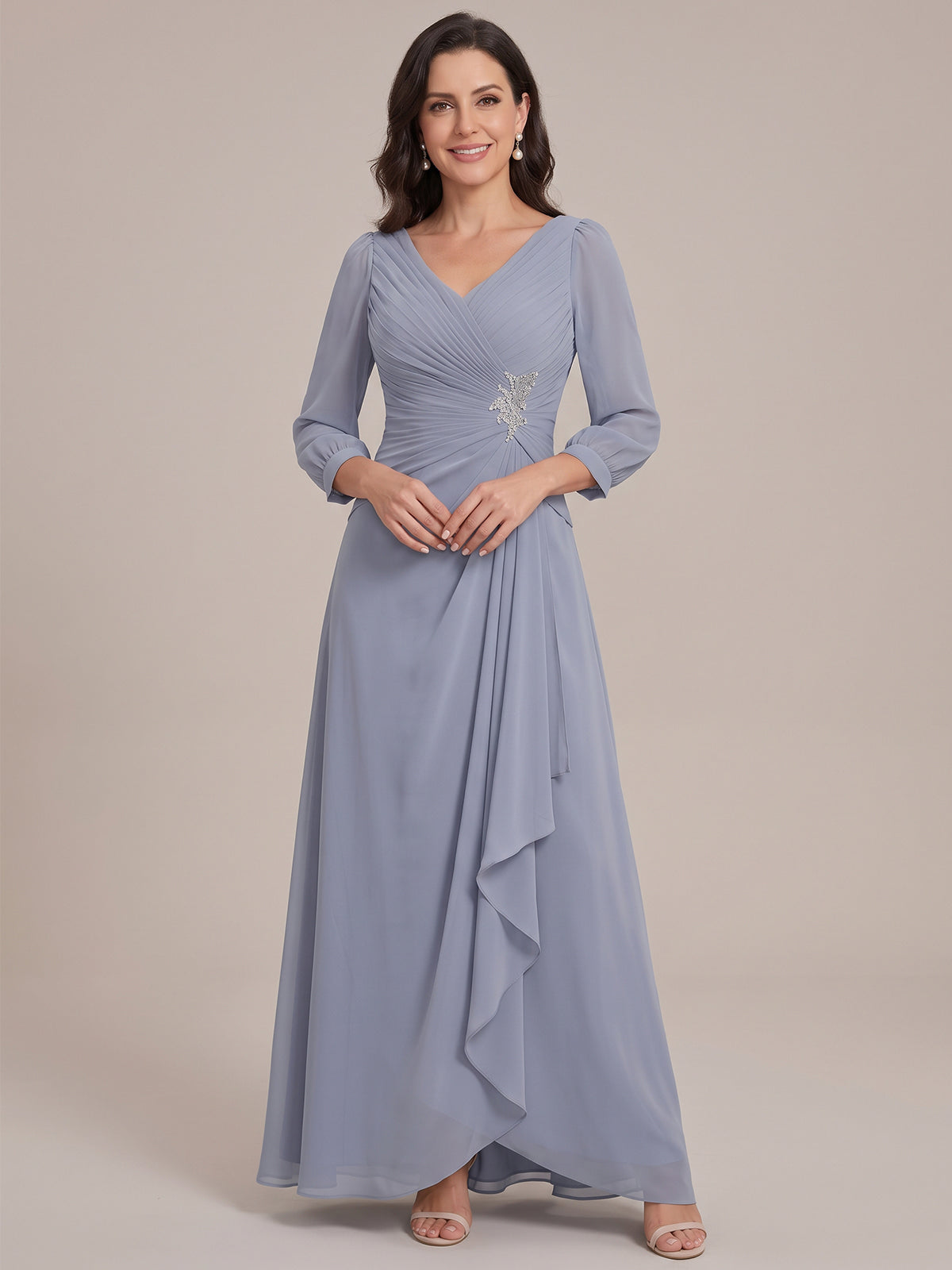 V-Neck Pleated Chiffon Mother of the Bride Dress with Flutter Sleeves
