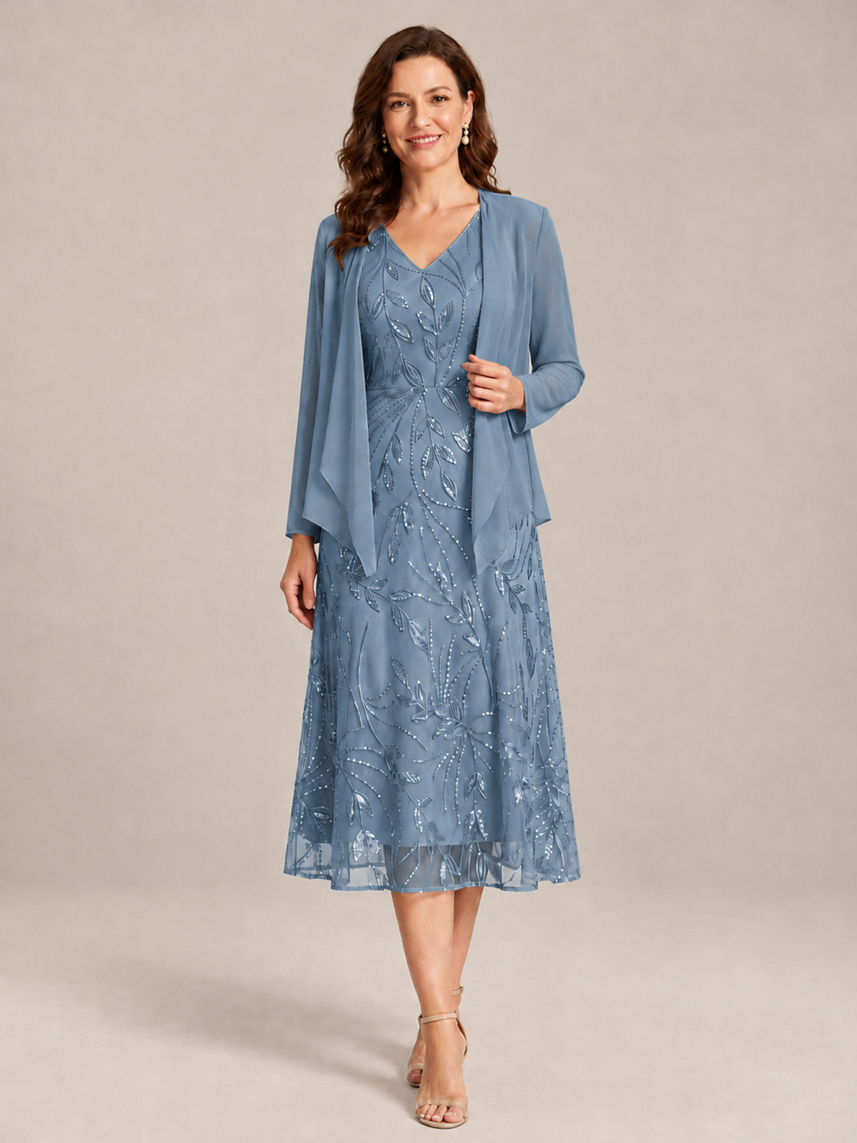 Tea Length Sequin Lace Mother of the Bride Dress with Chiffon Jacket