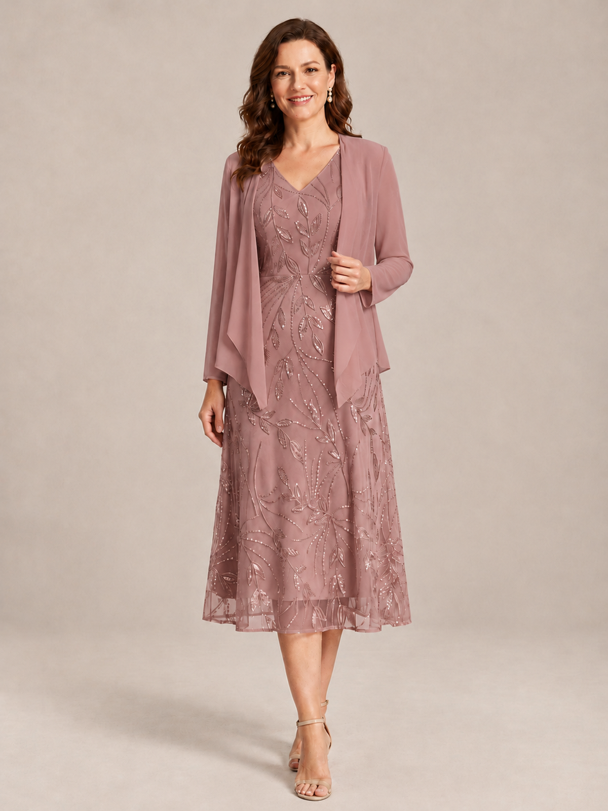 Tea Length Sequin Lace Mother of the Bride Dress with Chiffon Jacket
