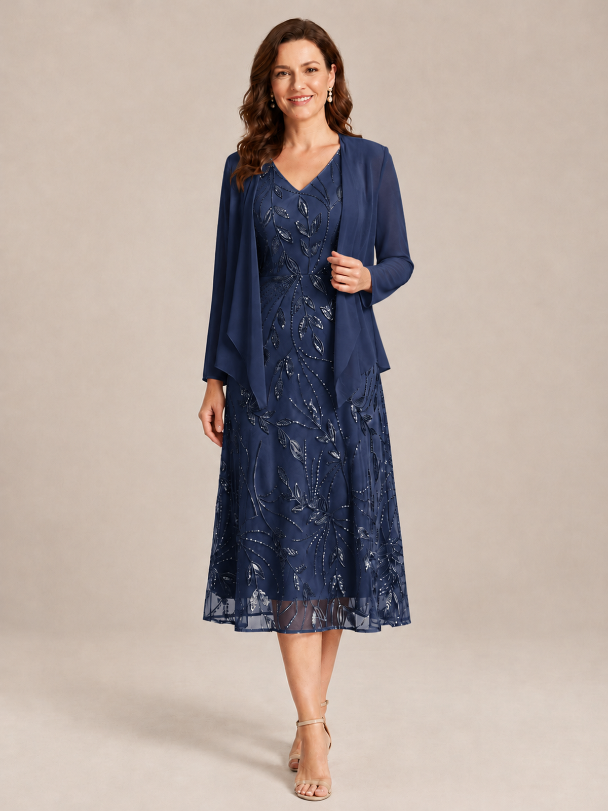 Tea Length Sequin Lace Mother of the Bride Dress with Chiffon Jacket