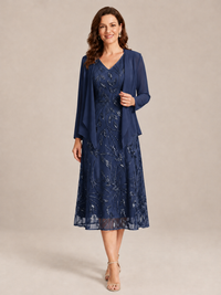 Tea Length Sequin Lace Mother of the Bride Dress with Chiffon Jacket