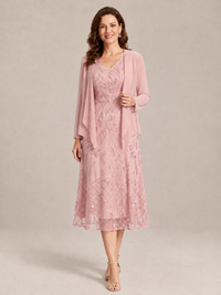 Tea Length Sequin Lace Mother of the Bride Dress with Chiffon Jacket
