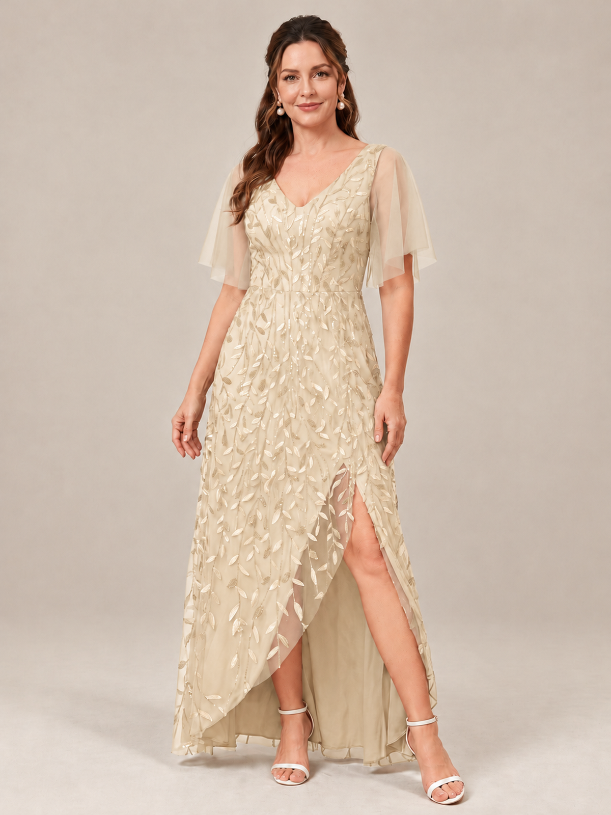 Champagne V-Neck Sequin Mother of the Bride Dress with Flutter Sleeves