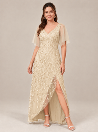 Champagne V-Neck Sequin Mother of the Bride Dress with Flutter Sleeves