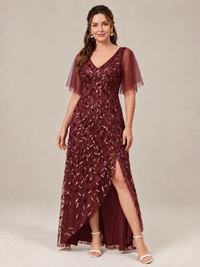 Burgundy V-Neck Sequin Mother of the Bride Dress with Flutter Sleeves